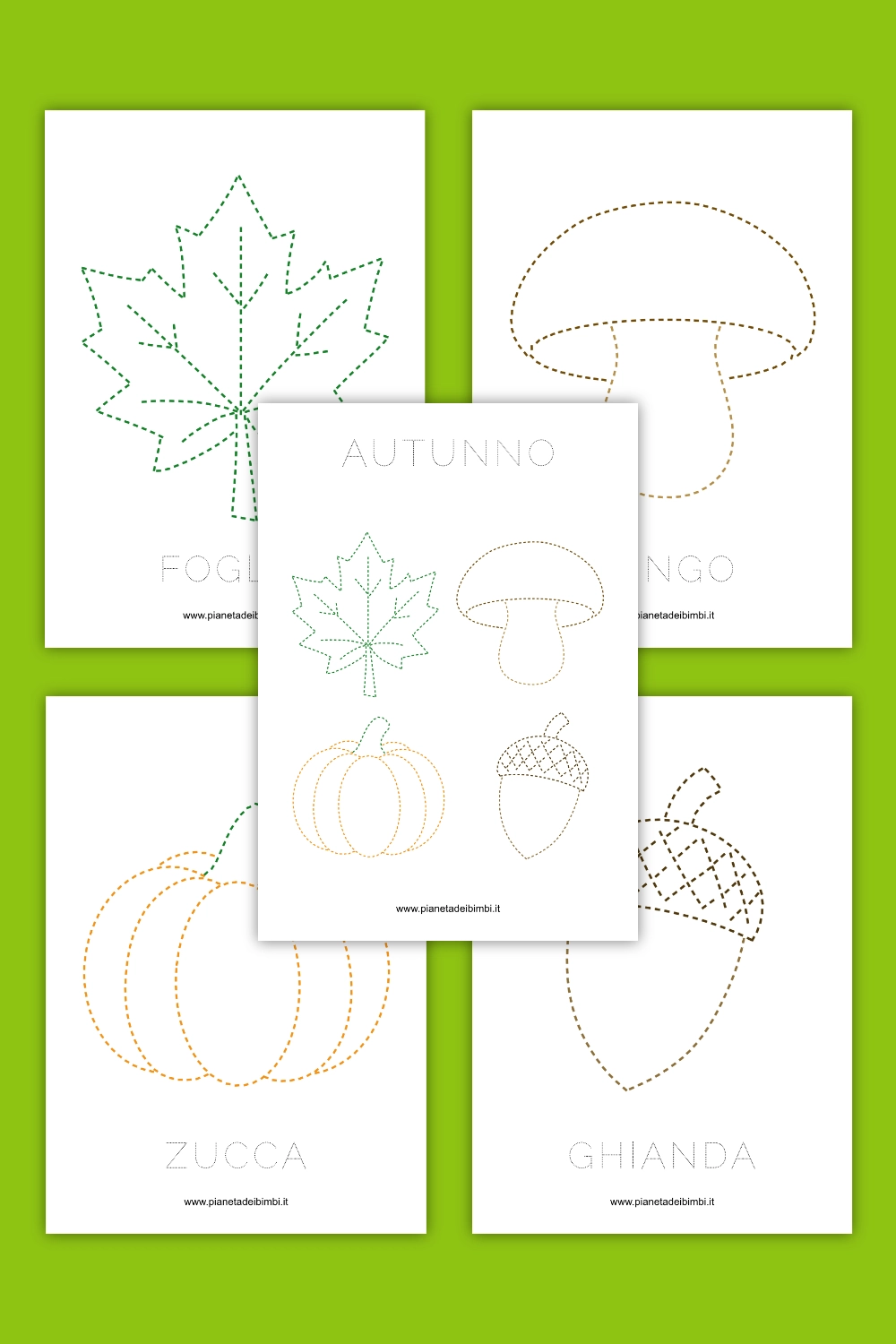 Elementi autunnali da tratteggiare e colorare. Disegni di foglia, fungo, zucca e ghianda semplici da colorare per bambini