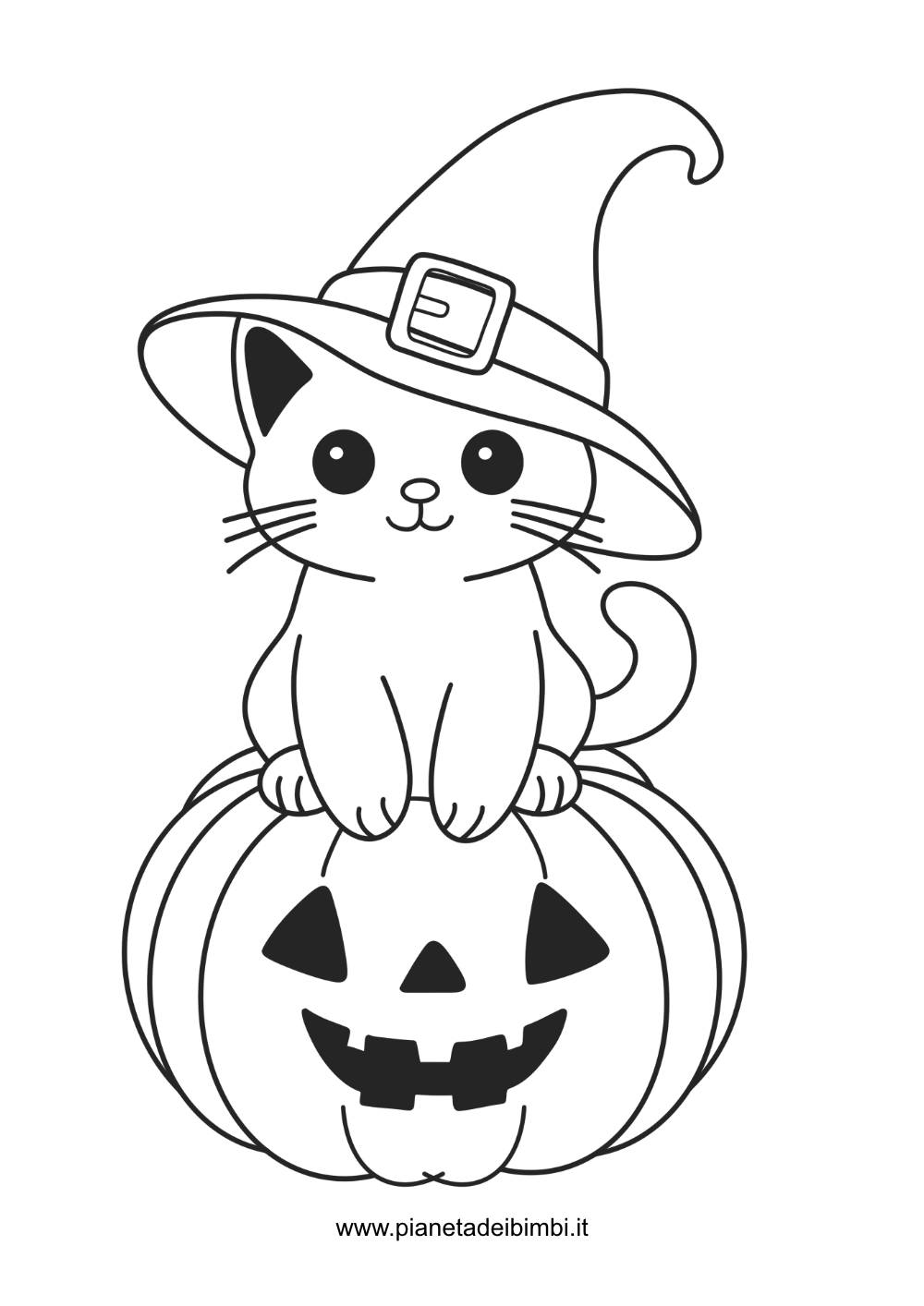 disegno facile per bambini da colorare a tema halloween. Gattino con cappello da strega sopra a una zucca intagliata